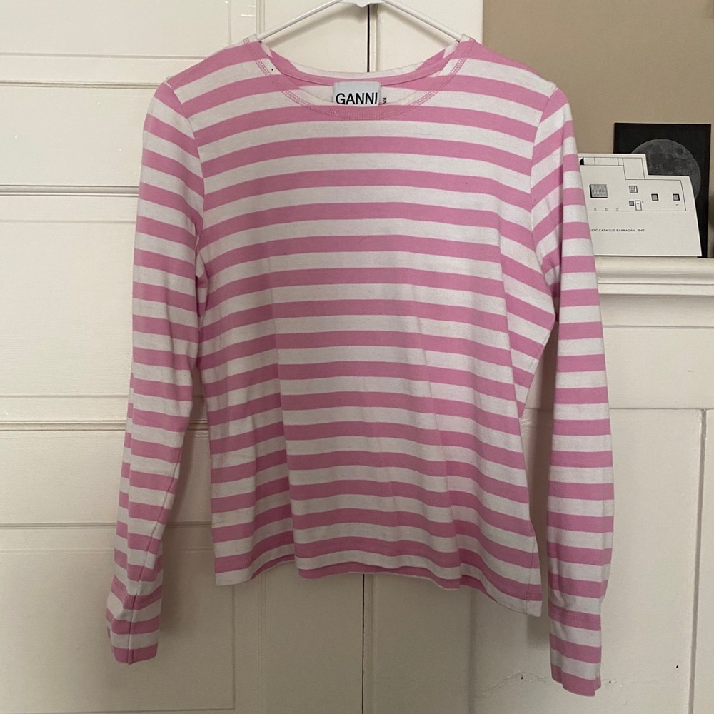 ganni pink and white striped t shirt